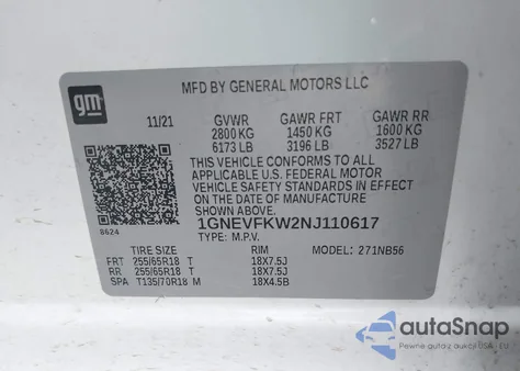 2022 Chevrolet Traverse Awd Ls z USA, uszkodzony, nr VIN 1GNEVFKW2NJ110617